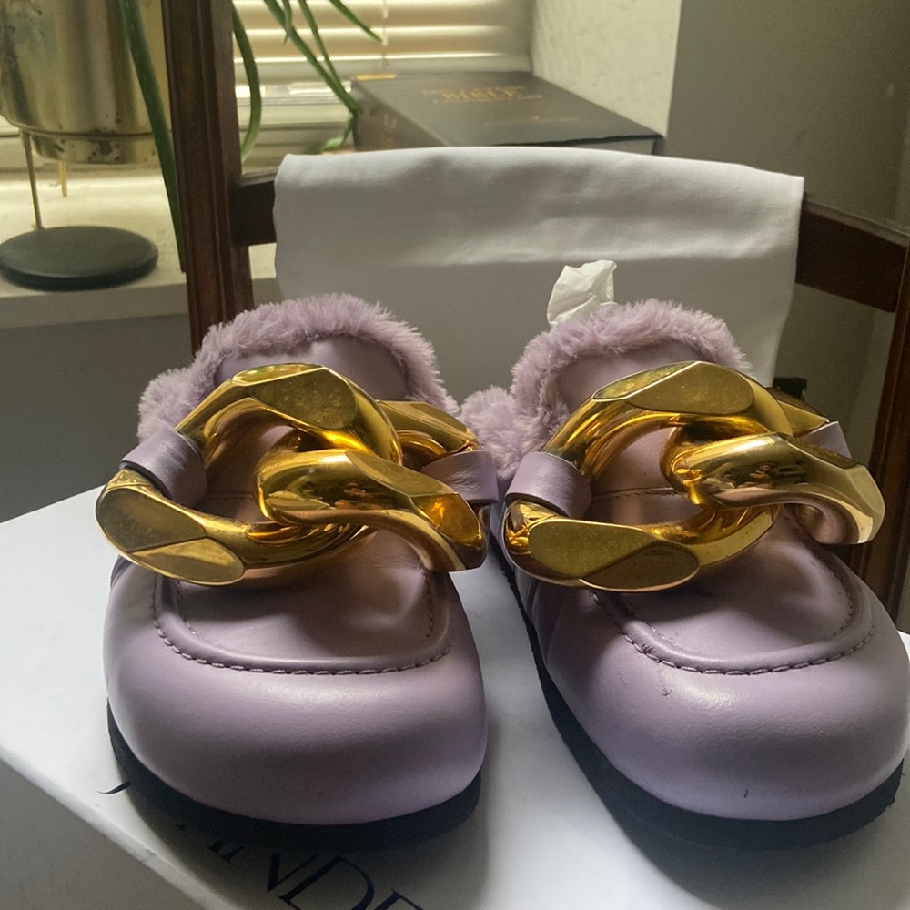 JW Anderson Purple Faux Fur Chain Slides